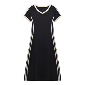 Korean Fashion Womens Elegant Casual Contrast Stripe V-neck Short-Sleeve A-Line Dress