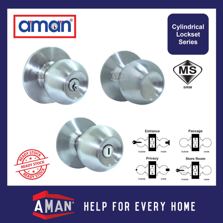 AMAN Cylindrical Door Knob Entrance Privacy Storeroom Passage Door Lock Set Knobset Lockset
