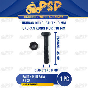Baut Baja 6x35 (+ Mur) Harga 1 PC - Baud Mor Baja M6 Bibir Topi 6mm Panjang 35 mm Kunci 10 Universal