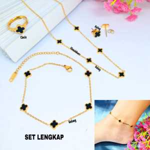 KALUNG TITANIUM BUNGA HITAM BOLAK BALIK KCL (1 SET) ANTI LUNTUR & ANTI KARAT(COD)