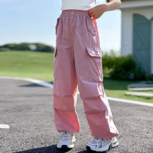 Kids Girls Cargo Pants High Quality Street Style Polyester Fiber Jogging Baggy Loose Trousers with Big Pockets Drawstring 7-16yrs