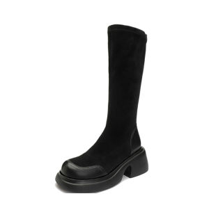 Size 35-40 Women Thick Soled Shoes Knee High Black Long Boots Thick Heel Mid Heel Boots(Add 1 szie)