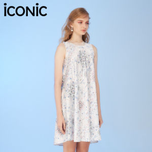 iCONiC FLUENCY DRESS #6279 เดรส สีขาว แขนกุด ผ้าไหมซาติน พิมพ์ลาย ผูกคอ เสื้อผ้าผู้หญิง ราคาที่สมบูรณ์ เดรส