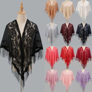 LONGB With Tassel Women Shawl Multicolored Hollow Evening Prom Cape Wedding Accessories Tulle Shawl Women