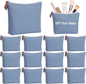 Hillban 12 Pcs Black Striped Makeup Bags Bulk Canvas Cosmetic Bag Retro Themed Gifts Travel Toiletry Organizer Zipper Pouch Bags for Women Football Party Favors