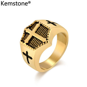 Kemstone Stainless Steel Male Black Gold Plated Ring Mens Cross Rings Jewelry Gift