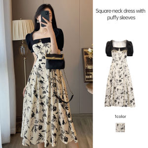 🎀 SIS Women Flower Sundress Formal Square Neck Bubble Sleeve Dresses Women New Style 2024