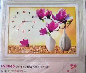 Tranh thêu chữ thập đồng hồ bình hoa ngọc lan (chưa thêu) LV3040