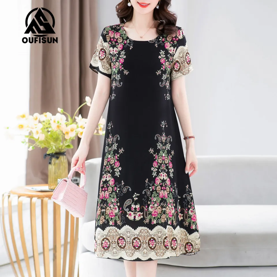 Modern Dress Women Solid Color Flower Pattern Printed Short Sleeved Loose  o-Neck A-line Summer Dress S-5XL