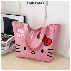 STAR FRUIT⭐ Hello Kitty Waterproof Tote Bag with Large Capacity Perfect for Travel and Daily Use Featuring Cute Bow Print and Multiple Inner Pockets