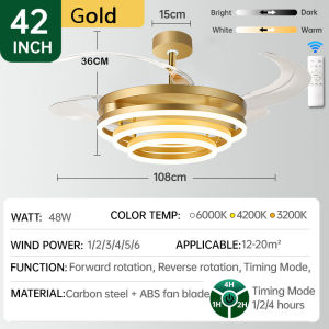 GOGEOUS 42INCH Invisible ceiling fan with light with remote 3 colors dimming modern ceiling fan light ceiling fan strong wind DC Motor ceilings fan with lights chandelier with fan for bedroom dinning Living room hotel