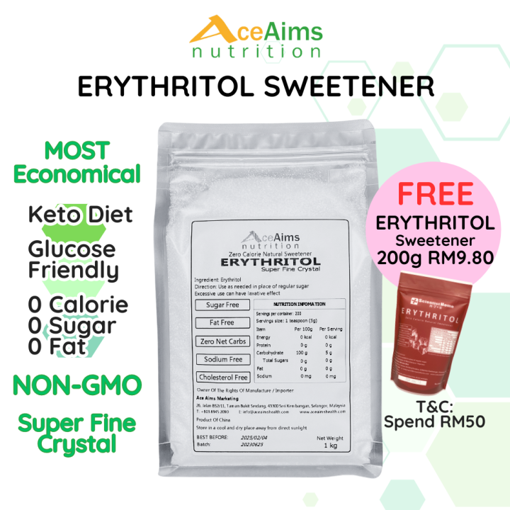 ACE AIMS Erythritol Sweetener 1kg Natural Sugar Substitute 0 Calorie