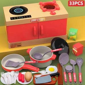Kids Play Kitchen with Cooking Spray Effect and Menu Board - Includes Utensils & Food Accessories for Imaginative Play