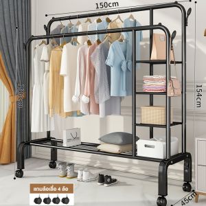 RORO ราวแขวนเสื้อผ้า ราวตากผ้าเหล็ก สไตล์มินิมอล บาร์เดียวมี ชั้นวางของ 2ชั้น ตะขอแขวนเหมวก โครงเหล็ก รับน้ำหนักได้ 50+kg