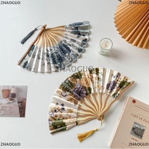 ZHAOGUO Chinese Japanese Style Silk Fan Folding Fan Wedding Fan Art Gifts Dance Hand Fan Vintage Bamboo Folding Hand Held Flower Fan