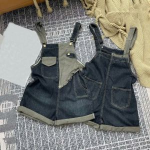 TIENSTYLE - Quần Yếm Short Jean Hai Dây Phối Thân nắp túi viền rua Yếm Jean Suông Phối Nâu Ống Rộng