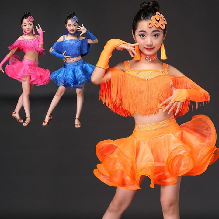 Trẻ em Latin khiêu vũ váy mùa hè ngắn tay chia khiêu vũ màu đen quần áo đào  tạo lớp cô gái sling quần áo thực hành váy khiêu vũ | Nhập