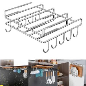 GONGL Under Cupboard Cutting Board Holder with Hooks Hanging Rack Stainless Steel Storage Shelves Multifunctional Space Saving Pot Lid Storage Rack Office