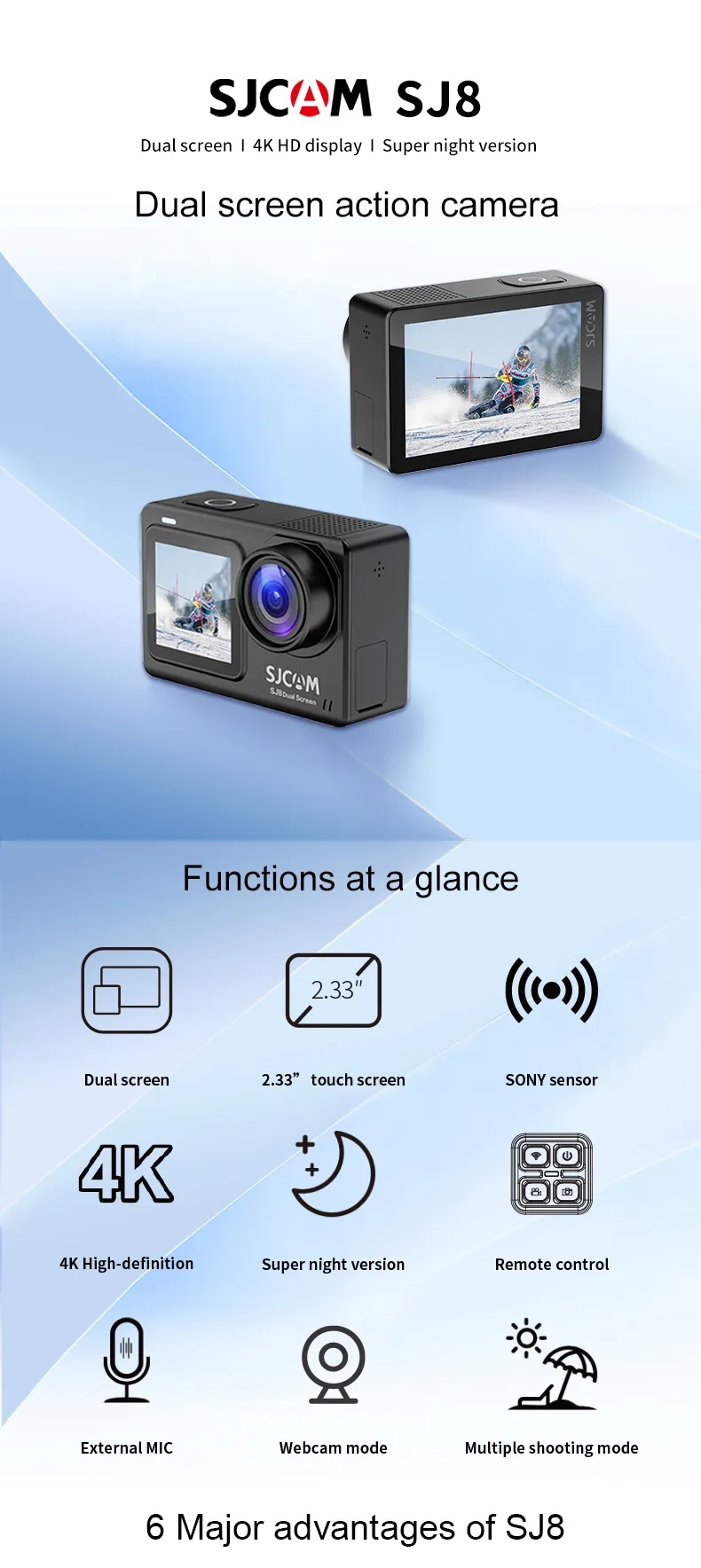 SJCAM กล้องแอคชั่น SJ8 หน้าจอคู่ Dual Screen 4K 30FPS 12MP กันน้ำได้ มี WiFi มองเห็นตอนกลางคืน กล้องกีฬาหน้าจอสัมผัส 2.33 นิ้ว