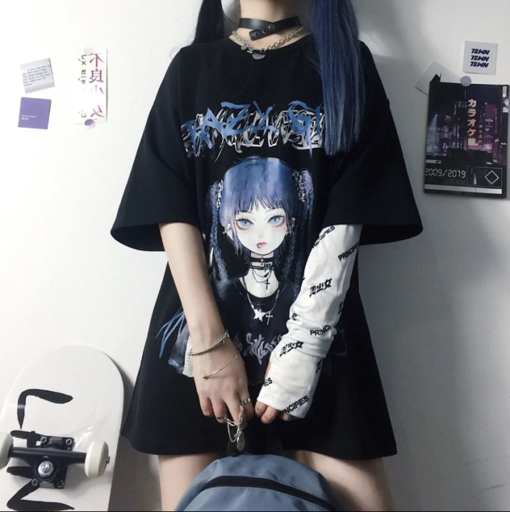 Gothic Clothes Loose T Shirts Harajuku Style Print Anime Tshirt Streetwear  Female Short Sleeve Woman T-shirt E Girl Clothes