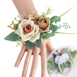Elegant Wrist Flower Realistic Rose Boutonniere For Girls Wedding Bridesmaids Wristbands in Classical Color Optional
