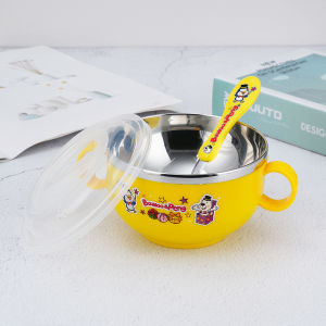 JOYNCLEON สแตนเลสสตีลลายการ์ตูนเด็ก Mangkuk Bertutup และช้อนชามป้อนข้าวเด็กฉนวน