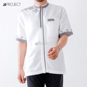 S&D PROJECT Baju Koko Muslim Seri 25 Bahan Polikatun Warna Putih Tulang Jumbo S-4XL Untuk Pria Dewasa Lengan Pendek Motif Bordir