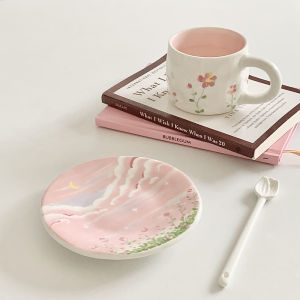 ✨SG SELLER ✨Flower ceramic cup with plate set cute coffee cup tea cup drink cup mug Blue Cloud