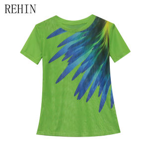 REHIN Summer Fashion Mesh tie-dye Printing Short Sleeve T-shirt Roubd Collar Slim Fit Elegant Womens top