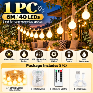 🪔Deepavali Lights Fairy String Lights 6M 40LED Warm White USB Battery Remote 8 Modes IP65 Waterproof Home Garden Decor