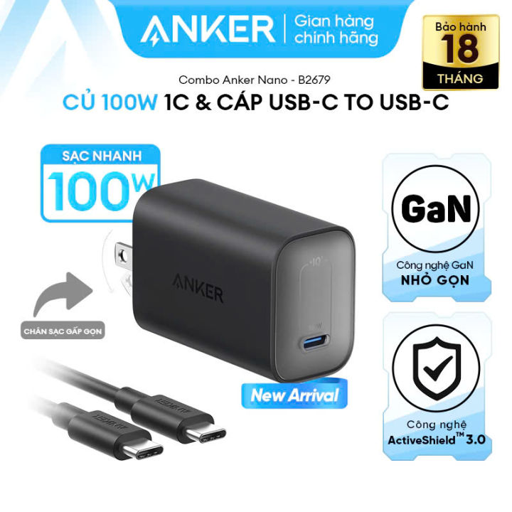 Bộ sạc Anker Nano GaN 100W GaN-1 cổng USB-C - Kèm Cáp sạc 1.8m USB-C to ...