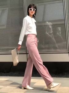 (Cle) Alisa.Sonya Womens High Waist Wide Leg Pants Comfortable Silky Satin Fabric Straight Cut Formal Pants Korean Style Trousers Women Straight Pants with free Belt
