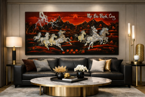 Tranh sơn mài MÃ ĐÁO THÀNH CÔNG khảm cừ size 80x160 cm ( Tặng kèm khung)