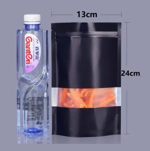 100pcs Black Matte Stand Up Pouch with Window Cookies Coffee Packaging Resealable