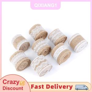 QIXIANG1 2 mét/cuộn ruy băng ren hessian vải bố đay viền ren trắng trang trí tiệc