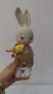 Crochet for Baby Handmade Animation Knit The Rabbit Holding Chick Stuffed Animal Sleeping Buddy Newborn Photo Prop Birthday Gift2026