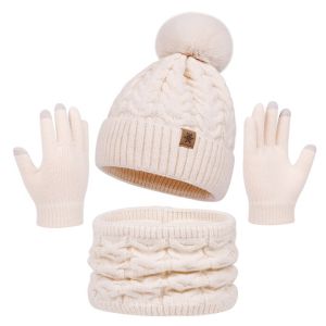 MODERNLUX 3Pcs/Set Plush Winter Hat Scarf Gloves Touchscreen Warm Scarf Gloves Set Fashion Neck Protection Scarf Cap Men Women