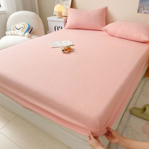 3in1 Bedsheet Fitted Sheet Queen/Single/Double/King Size With Pillowcase Plain Colors Bedding Set--Pink