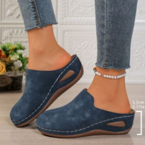 Free Shipping WomenS Wedge Heel Slippers Closed-Toe Thick-Soled Slip-On Style New Autumn Collection Made Of Comfortable PU Material Suitable For Wearing Outdoors Half-Slipper Style In Stock