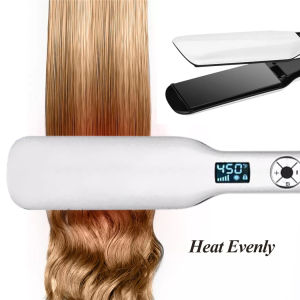 Professional Lcd Display Tourmaline Ceramic Mini Hair Straightener Convenient to Carry Smart Lock Ptc Quick Heating Thick Hair Wide Plate Hair Straightener One Clip and One Pull (White)