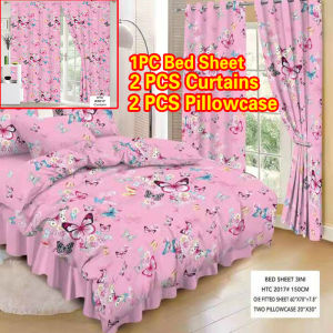 5in1 Bed Sheet Blue Bedsheet Cotton Single/Queen Size Bed Sheet Curtain Suit Window Curtain Bedsheet One Set