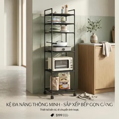 Kệ Tủ Đa Năng Lắp Ráp 6 Tầng Có Bánh Xe Thép Dày Sơn Nung Bền Đẹp Tải 50Kg