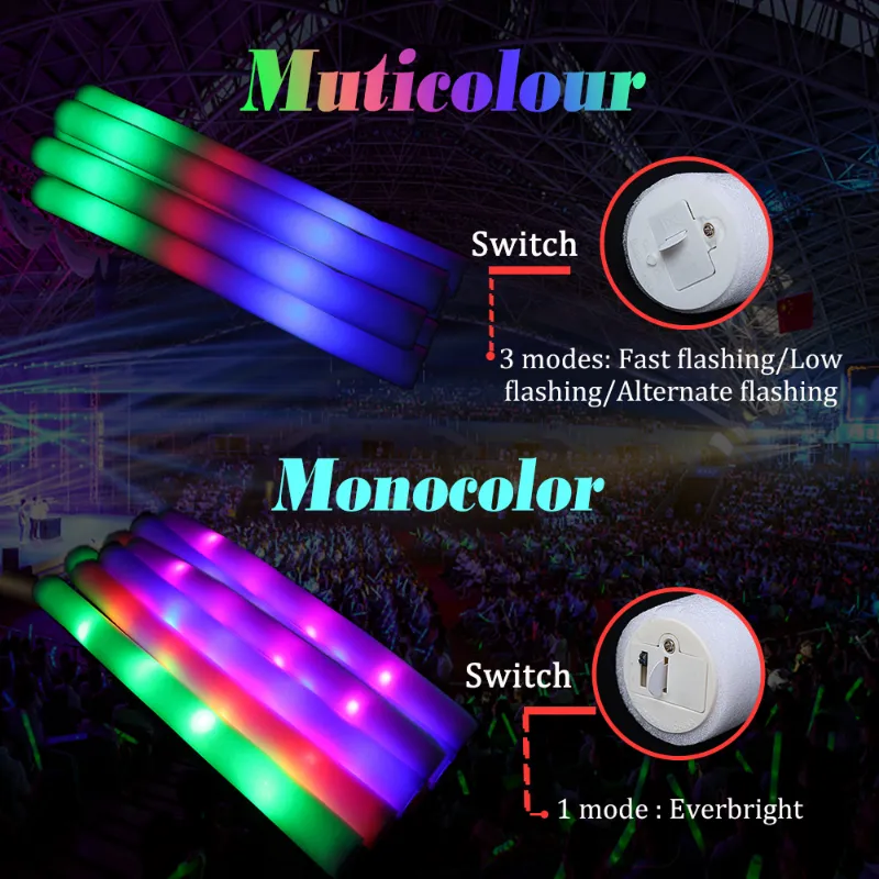 LED Foam Glow Sticks Light Up Sticks Cheer Tube 3 Modes Flashing Glow in  The Dark