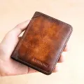 BANYANU Vintage Style Genuine Cow Leather Credit Card Holder Three Folding RFID Protective Wallet For Men. 