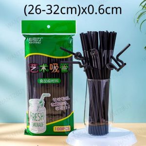 100pcs Art Plastic Straw Disposable Colorful White Black Bendable Juice Drink Straw Kitchen Bar Party Drinking 弯曲彩色吸管