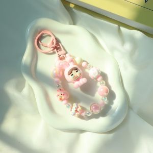 EXCES โบว์สำหรับผูก พวงกุญแจ flocking crybaby ลูกปัดเม็ดกลม ซิลิกาเจล โซ่โทรศัพท์สีลูกกวาด 3D งานทำมือ พวงกุญแจตุ๊กตาการ์ตูน สาวๆ