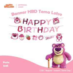 Banner Bunting Flag Happy Birthday | Banner HBD Karakter Lotso Bear Beruang Pink