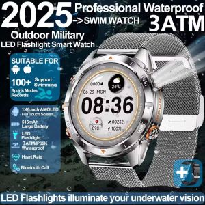 2025 New Outdoor military Smart Watch Men 1.46" AMOLED Bluetooth Call IP69K 3ATM Waterproof LED Flashlight 515mAh Battery Sports Smart Bracelet