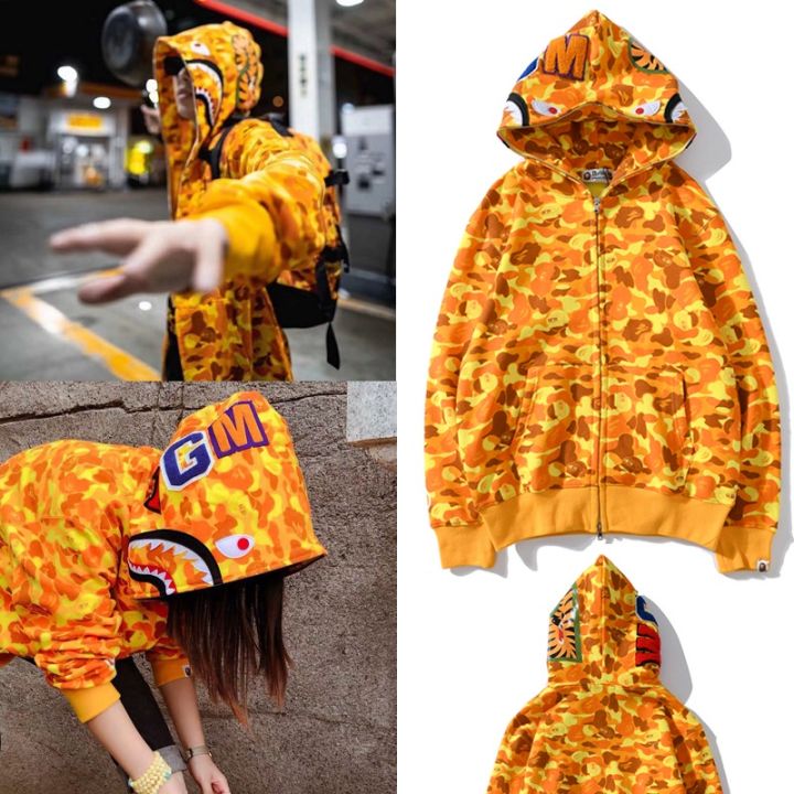 COD Bape Shark head orange yellow camouflage hoodie Casual Loose Sweatshirts Tops Men Women Hoodies Jackets PDF Lazada