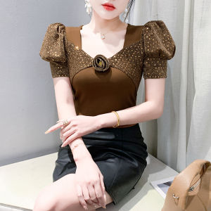 YIMEI ฉบับภาษาเกาหลีติดเล็บลูกปัดทรงสี่เหลี่ยมแขนพอง2025ใหม่สไตล์ใหม่หรูหราสำหรับฤดูร้อน